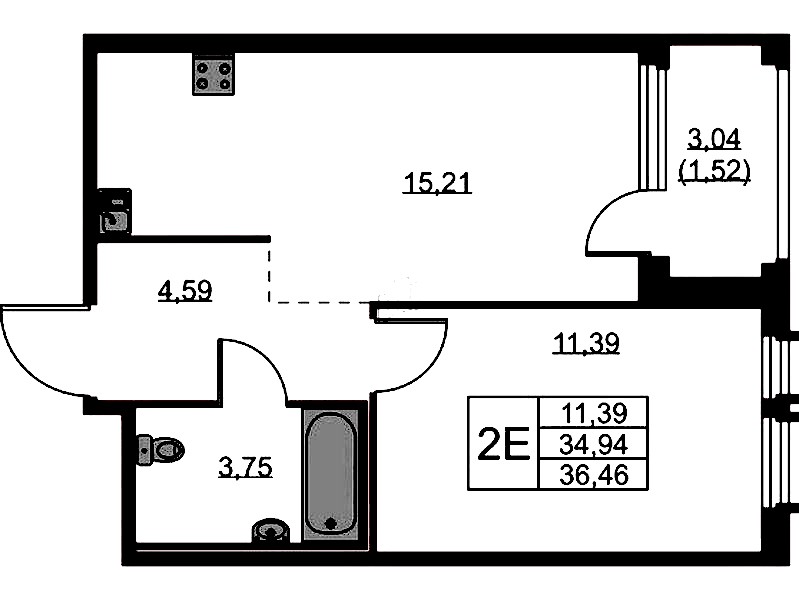 1-комнатная квартира 36.46 м², 9/15 эт., ЖК «GloraX Парголово»